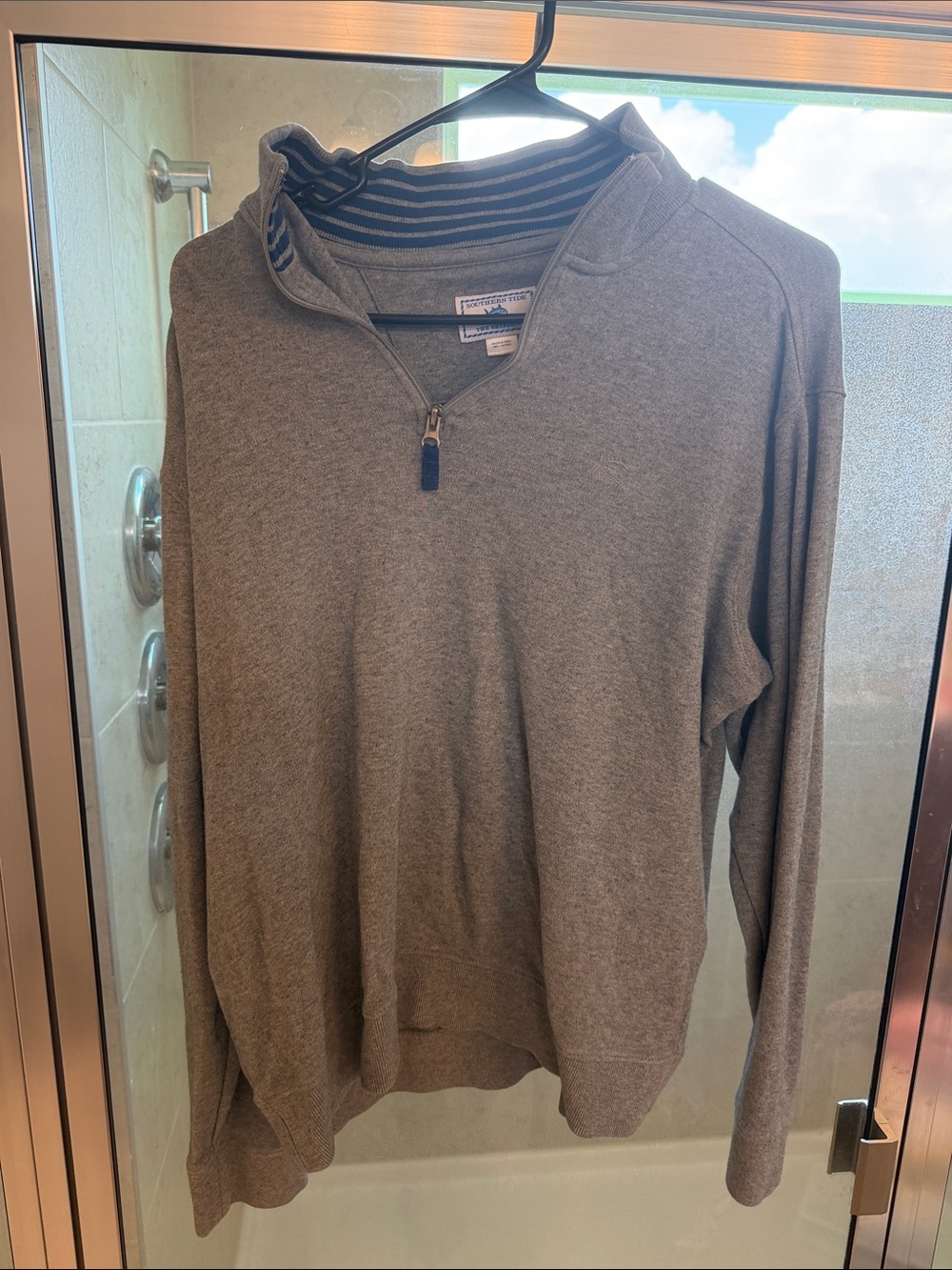 Southern Tide Men's Gray Quarter-Zip Pullover with Striped Collar